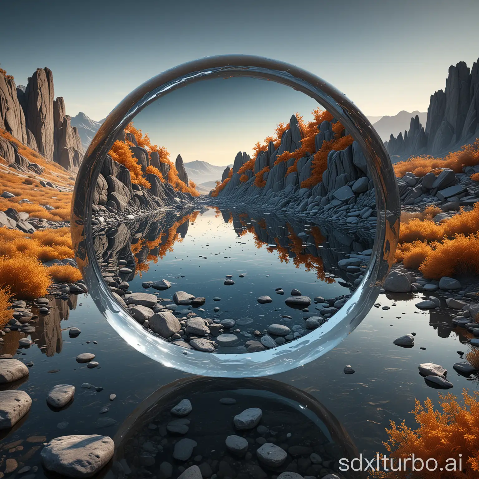 This is a digital creation of surreal CGI image, characterized by mineral water and an abstract background that complement each other. The mineral water in the center is smooth silver color, with a large round mirror-like transparent lens reflecting surrounding colors. The background consists of undulating hills and valleys, painted in different shades of silver, occasionally with yellow and orange vegetation. The sky is deep blue, transitioning from lighter shades at the horizon to deeper shades at the top. The foreground features a calm, reflective water body, reflecting the mineral water and the scenery. Small stones and shrubs are scattered around the mineral water, adding depth and texture to the scene. The overall style is simple and modern, focusing on sharp lines and smooth surfaces. This picture evokes a sense of tranquility and otherworldliness, blending natural elements with future technology.