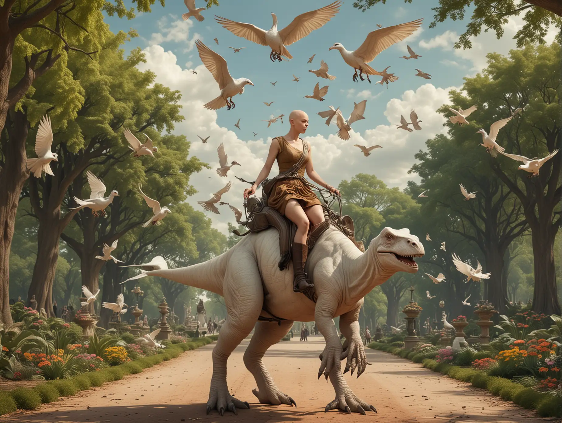 TwoHeaded Bald Women Riding Dinosaurs in a Beautiful Park with Doves Flying Overhead