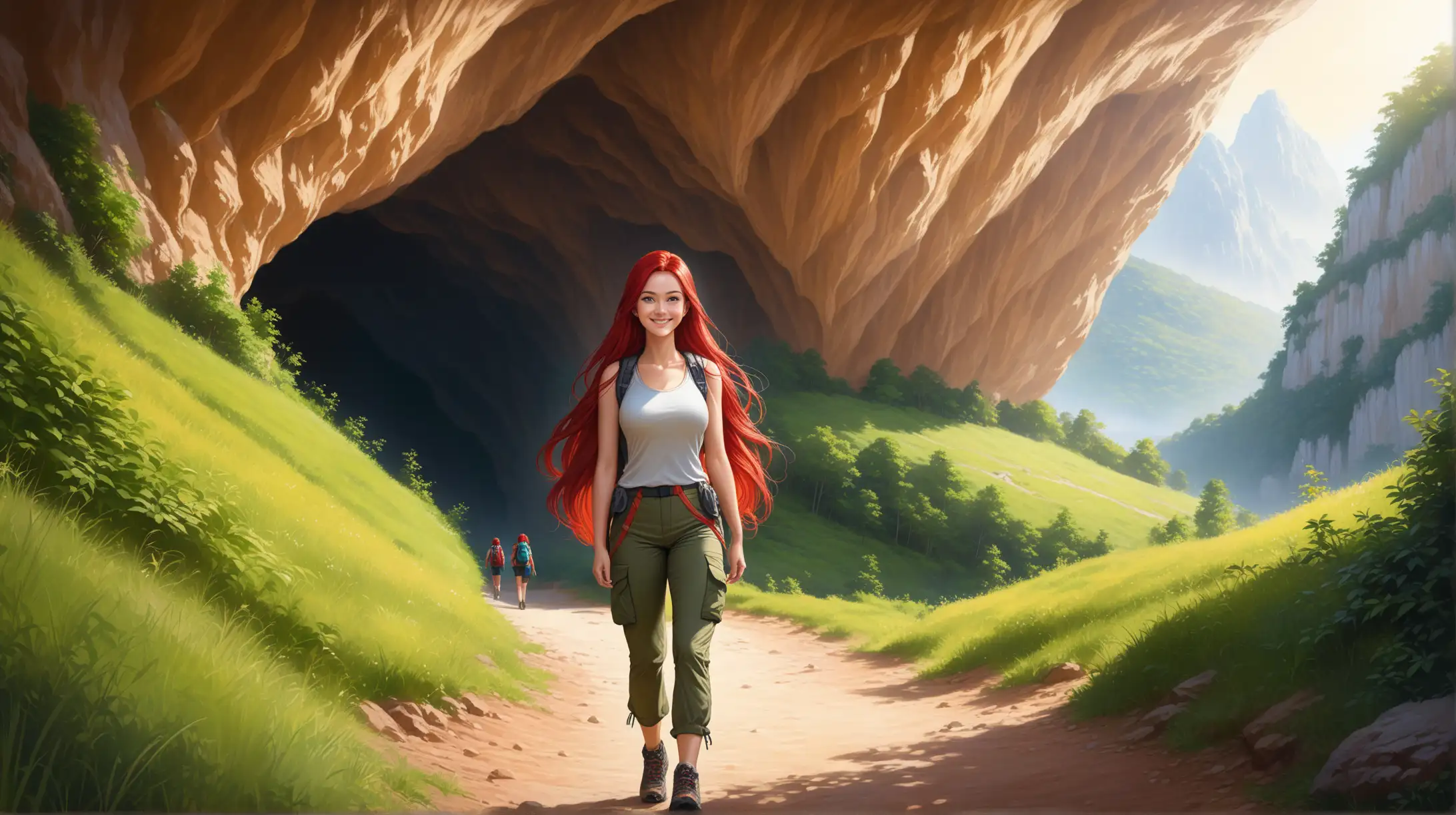 Woman with Long Red Hair Hiking Trail Cave Adventure