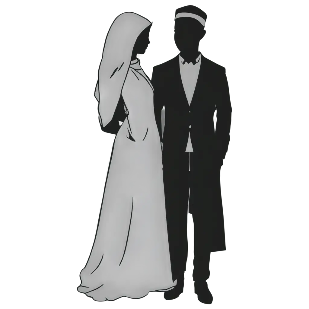 Silhouette-of-Muslim-Bride-and-Groom-PNG-Black-and-White-Cartoon-Illustration-for-Wedding-Designs