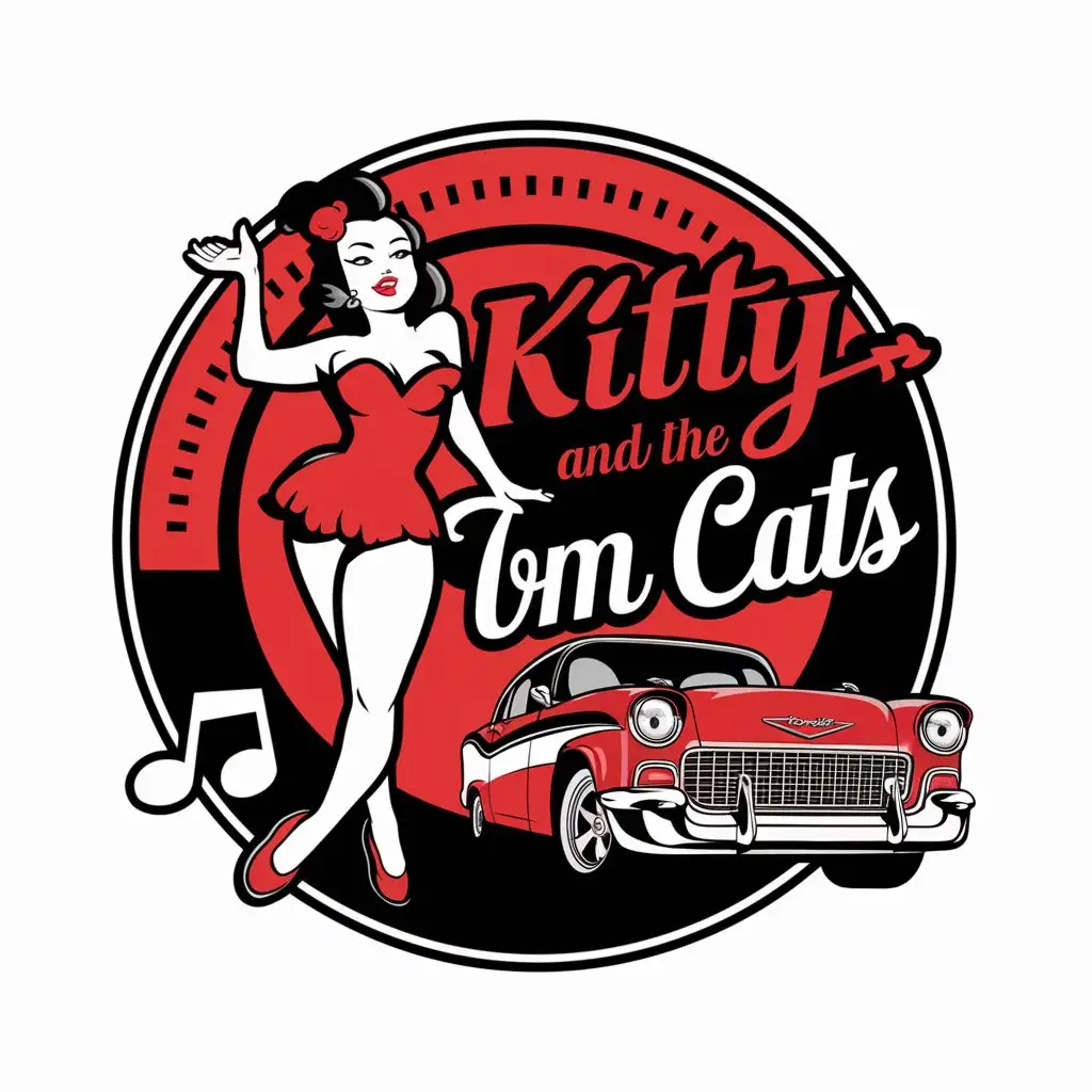 LOGO Design for Kitty and the Tom Cats Red Black Circular Logo with Rockabilly Theme