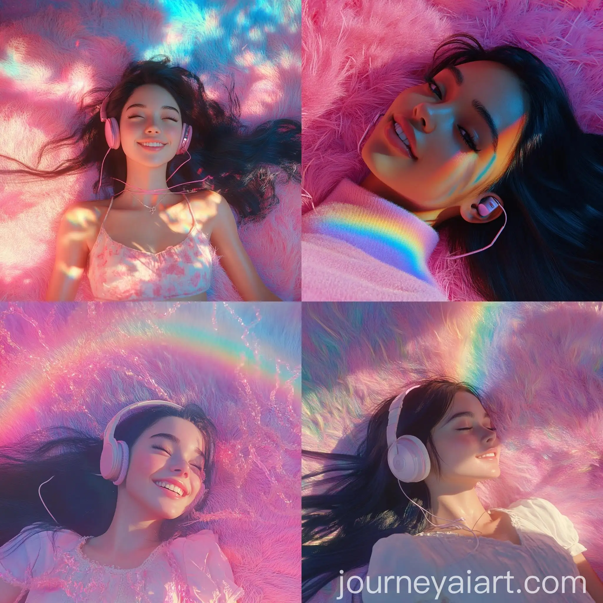 Beautiful-Girl-Listening-to-Music-on-Pink-Grass-under-Unreal-Blue-Sky-with-Rainbow