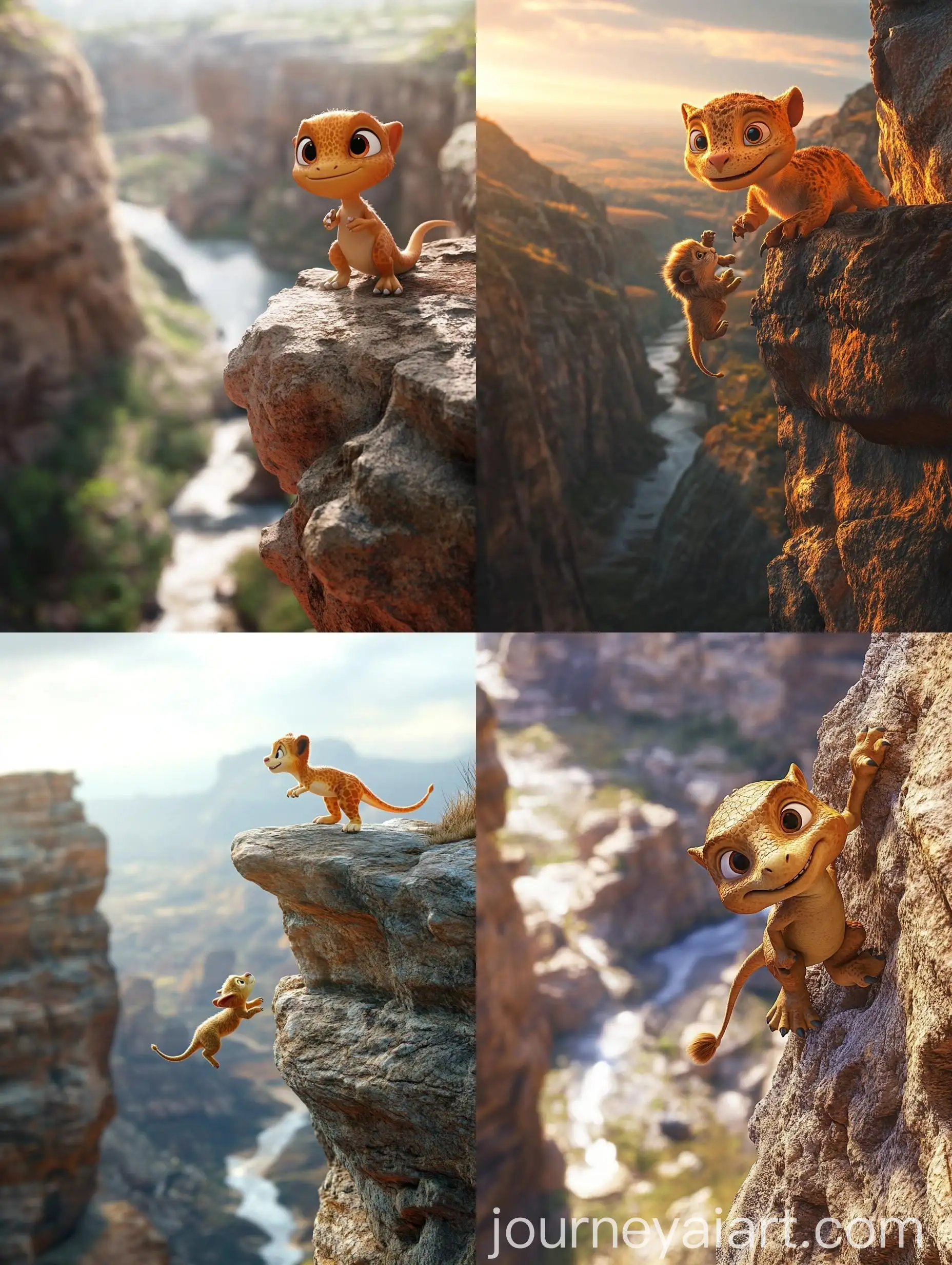 Anthropomorphic-Baby-Dinosaur-Rescues-Baby-Lion-on-Rocky-Ledge