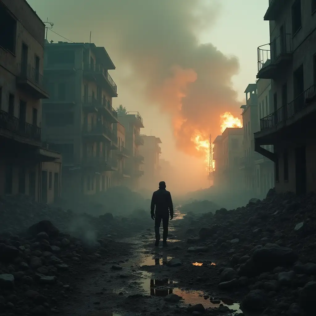 completely alone, among the bodies, in a bombed destroyed city, burning abandoned town, only me between the smoke and flames, rockets of the enemies.