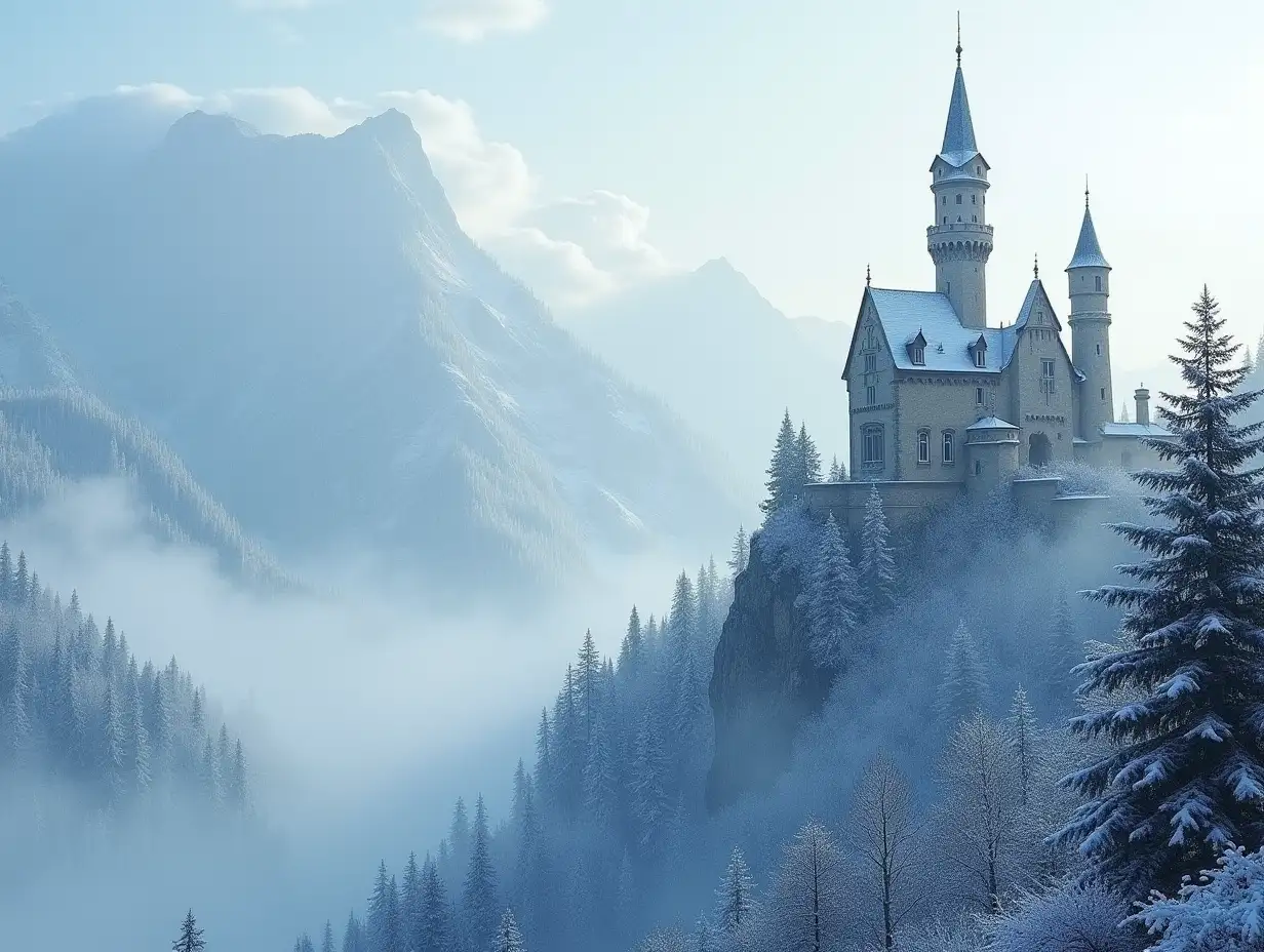 Realistic photo of a castle on a mountain slope, with snow, fir tree, snowflakes, cloudy