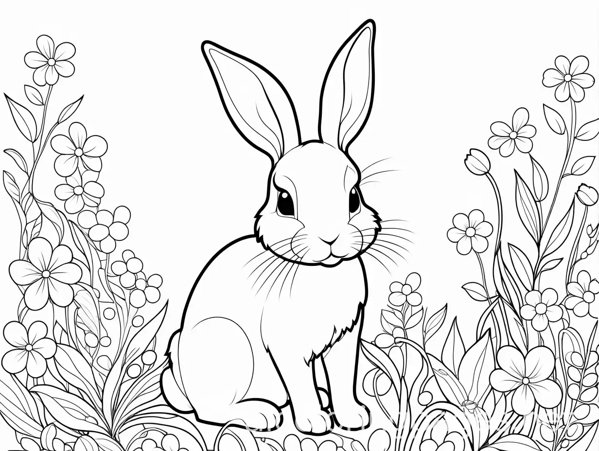 bunny in flowers, Coloring Page, black and white, line art, white background, Simplicity, Ample White Space. The background of the coloring page is plain white to make it easy for young children to color within the lines. The outlines of all the subjects are easy to distinguish, making it simple for kids to color without too much difficulty