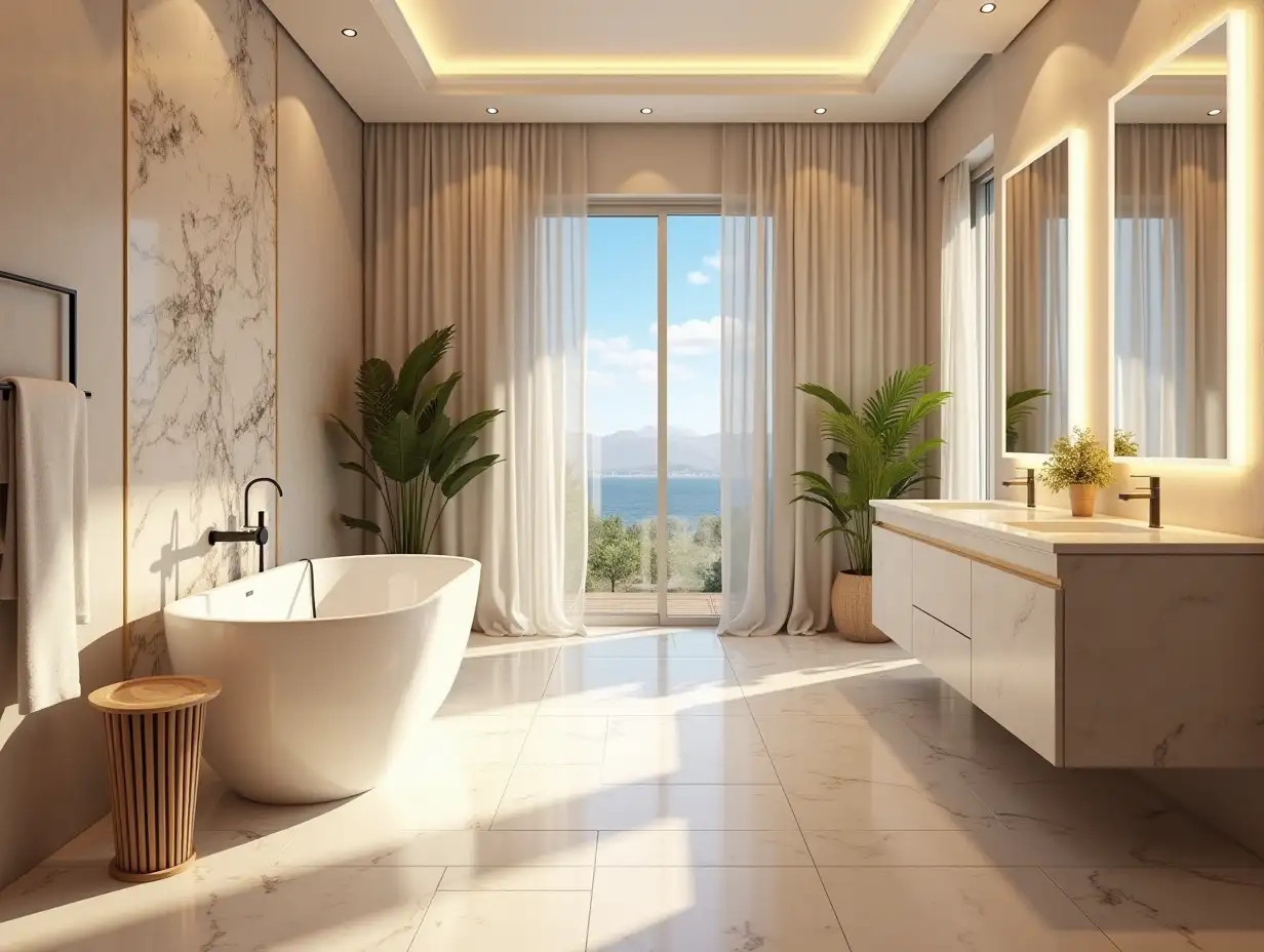 Create a photorealistic image of a very large luxurious bathroom with bathtub, sink, shower furniture 8K RESOLUTION Colorful and bright