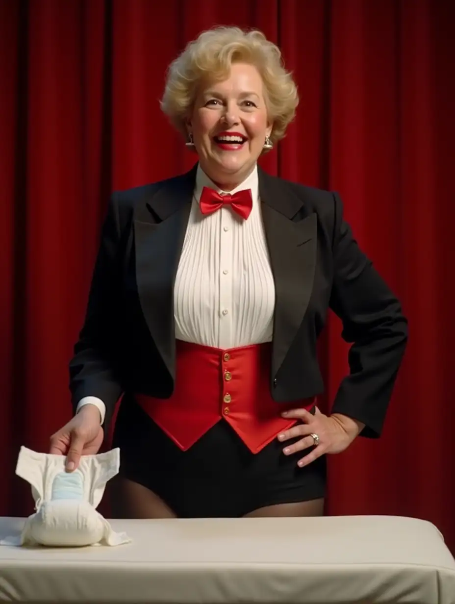 Caucasian-Woman-in-Formal-Tuxedo-Preparing-Diaper-on-Stage-with-Red-Curtain-Backdrop