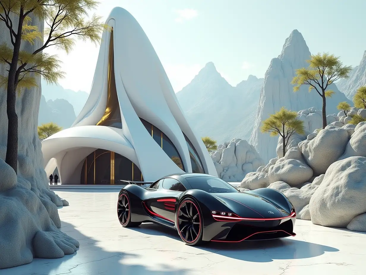 Create a high-resolution realistic image of a futuristic white building with black and gold features, curved pillars, large trees mountains, rocks and a futuristic black vehicle with red stripes