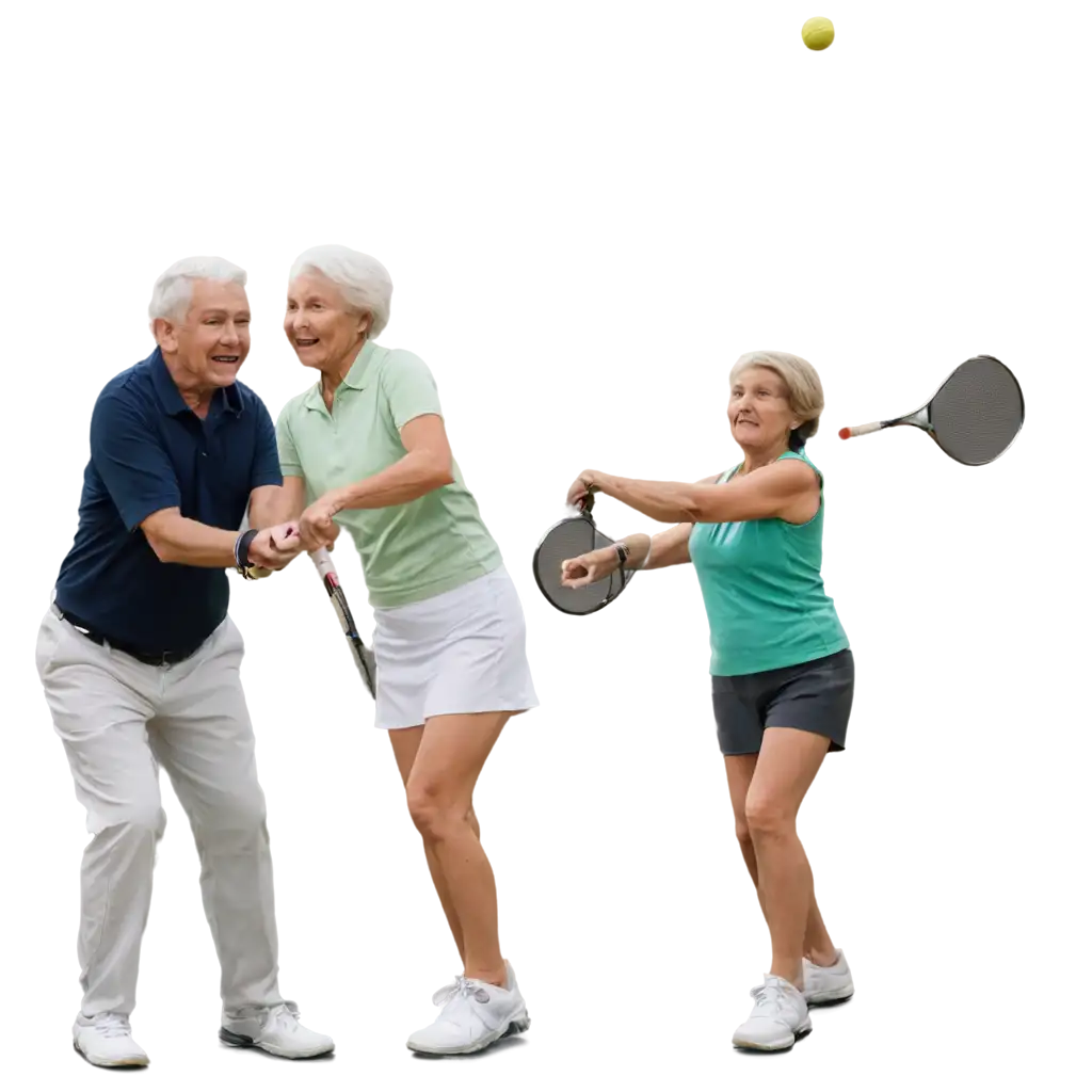 a collage of several older people men and women playing tennis, golf and pickle ball