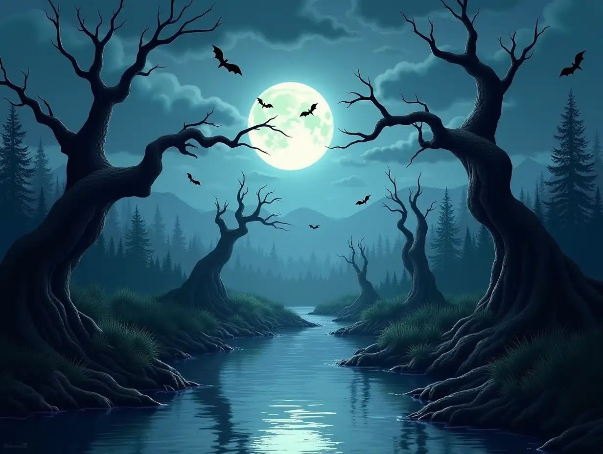 Create a landscape with dead tree trunks on both sides of the river, bats flying around, and a moonlit, cloudy scene