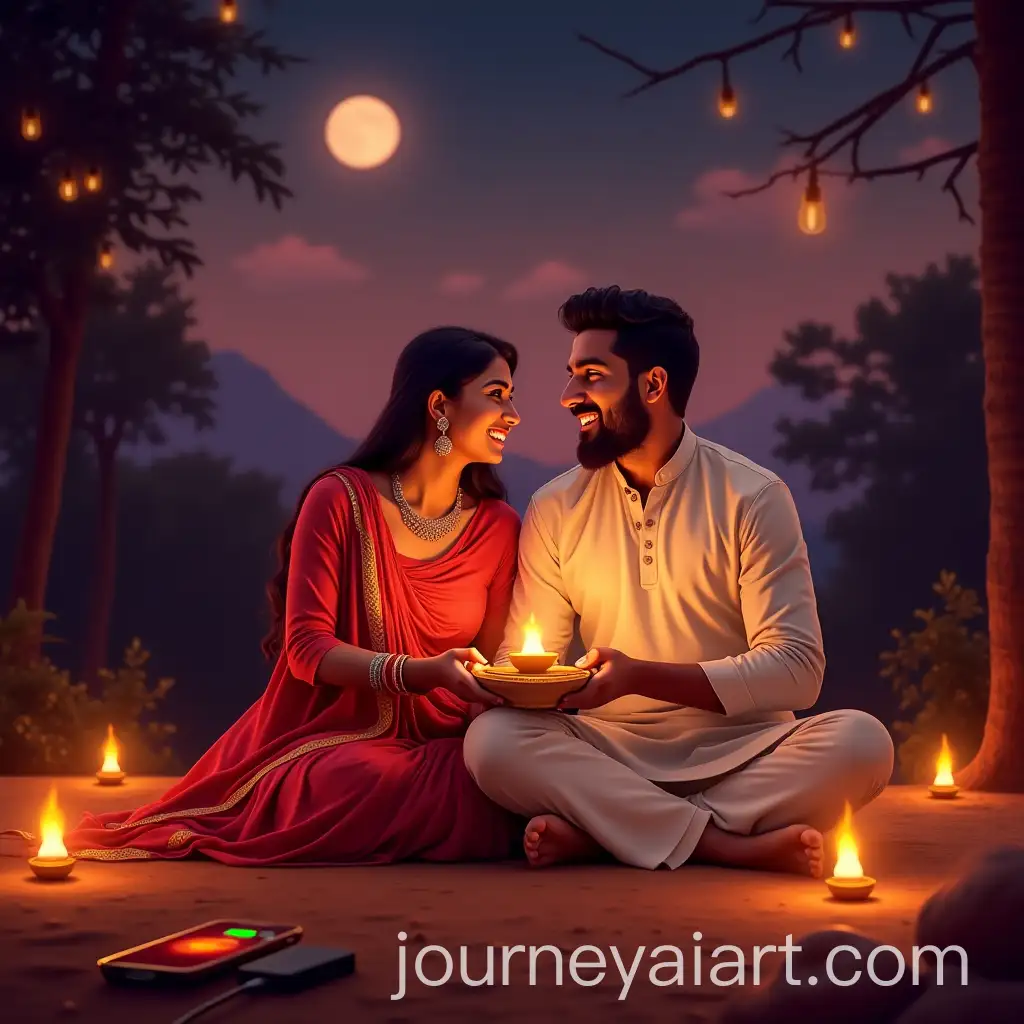 Festive-Karva-Chauth-Celebration-with-Couple-and-Traditional-Items