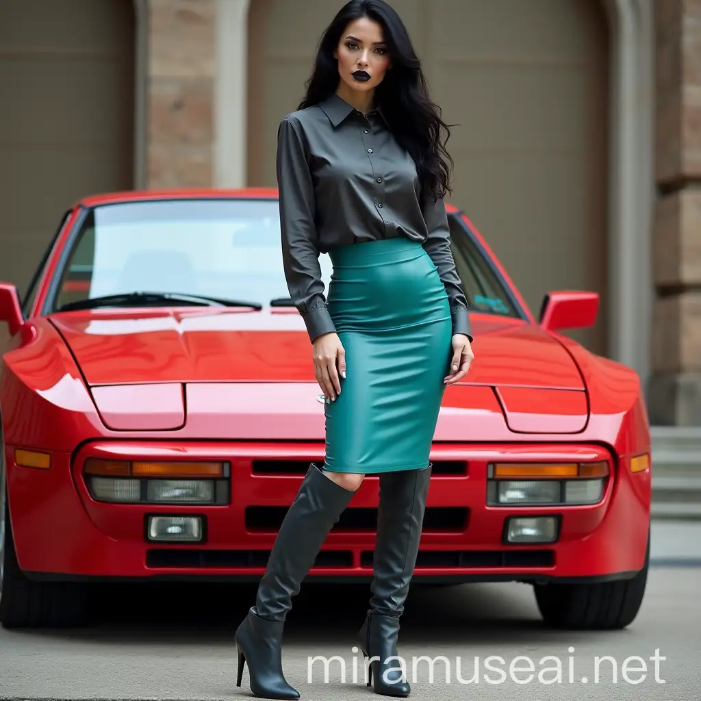 Elegant Woman in Dark Fashion Posing with Classic Porsche