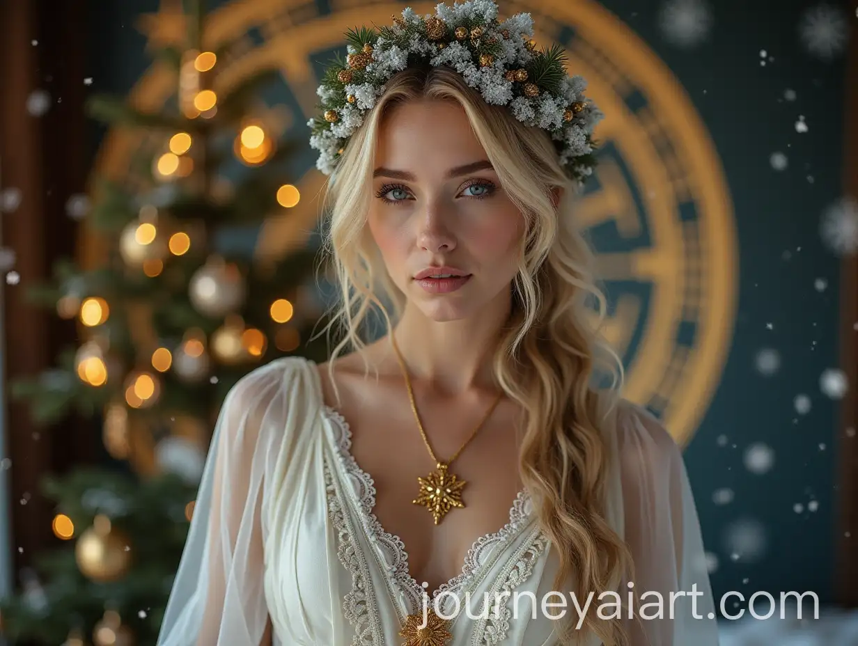 Beautiful-Goddess-of-Wealth-with-Gold-Jewelry-in-Front-of-Decorated-Christmas-Tree-and-Astrological-Circle
