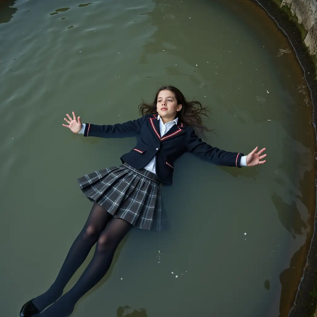 A young schoolgirl in a school uniform, in a skirt, jacket, blouse, dark tights, high-heeled shoes. She is swimming in a dirty pond, lying under water, all her clothes are completely wet, wet clothes stick to her body, the whole body is under water, submerged in water, under the surface of the water, below the water's edge.