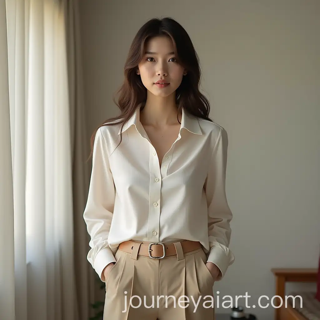 Korean-Woman-Wearing-Shirt-and-Pants-in-Room