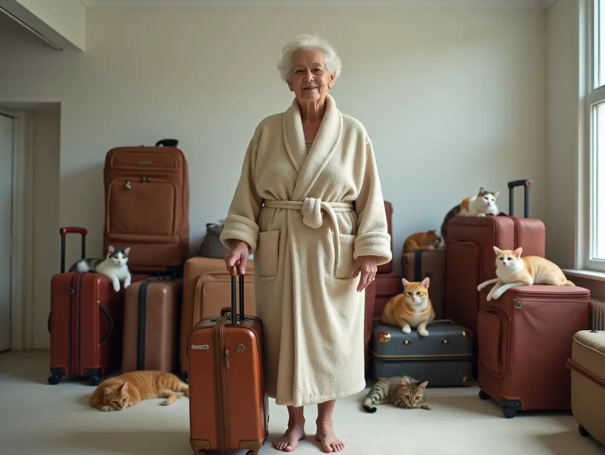 A large woman in her 60s in a house robe stands in the center of a modern minimalist room and smiles, holding a suitcase in her hand. Behind her there are many suitcases, cats lying everywhere. Close-up, maximum realism, detailing