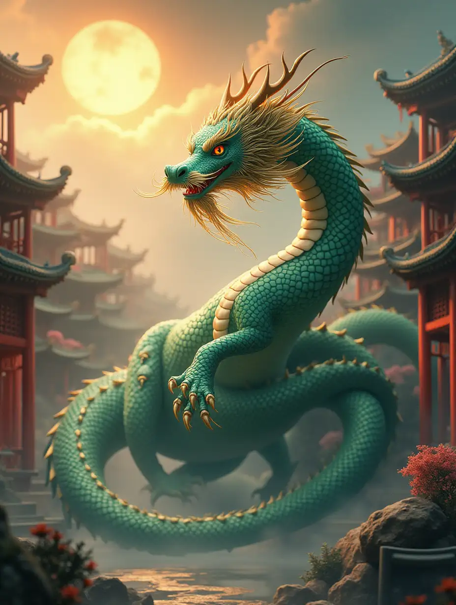 Celestial Guardian, majestic Chinese dragon with jade-green scales shimmering like precious stones, traditional long serpentine body flowing like silk ribbon in wind, elegant pearl-clutching claws with intricate golden patterns, flowing whiskers emanating soft ethereal glow, ancient temple courtyard with blooming cherry blossoms and sacred pools, morning mist carrying scent of incense and jasmine, rays of sunrise creating golden halos through clouds, traditional Chinese ink painting style blended with contemporary digital techniques, rendered in 8K using specialized brush sets mimicking traditional ink wash techniques, dramatic atmospheric lighting with volumetric fog. Negative prompt: cartoon style, western dragon features, bat wings, rough textures, aggressive pose, damaged scales, fire breathing, dark atmosphere, modern buildings, urban elements, mechanical parts, neon lights, horror elements, blood, gore, broken architecture, storm clouds, lightning, weapons, armor, battle scenes, poor anatomy, blurry details, low resolution textures