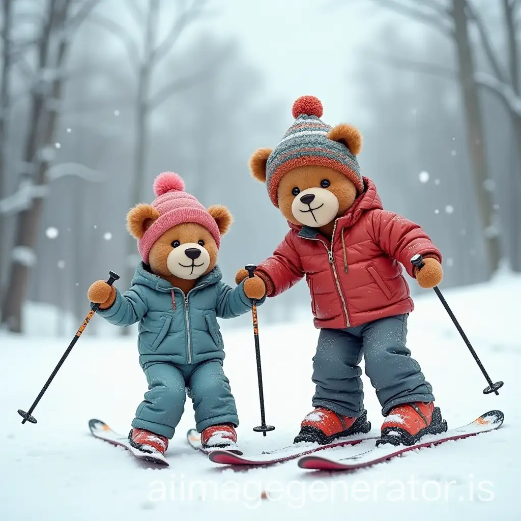 Teddy-Bear-Couple-Skiing-Together-in-Snowy-Mountains