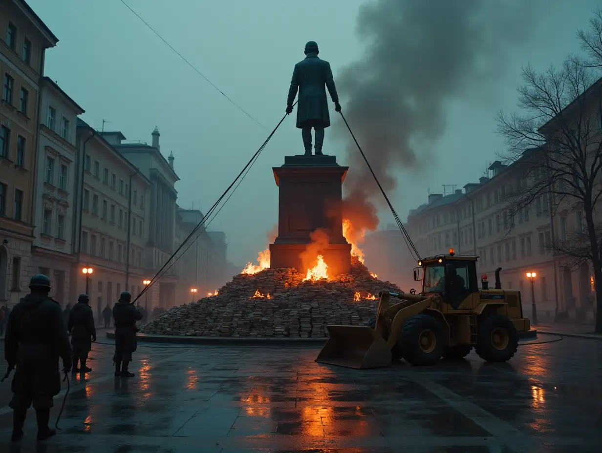 A dystopian city in eastern Europe. Dark buildings. City square, there are no people on it. In the centre stands a monument to Pushkin. In the background burning fires of stacked books. Soldiers are throwing ropes over the monument and pulling them with a bulldozer to collapse the monument.