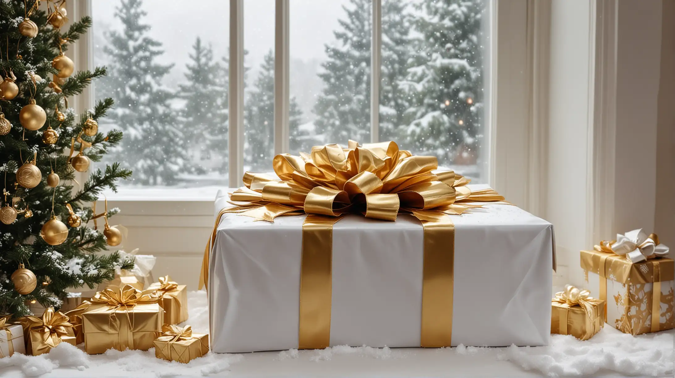 Large Christmas Gift Surrounded by Smaller Presents in a Festive Winter Setting