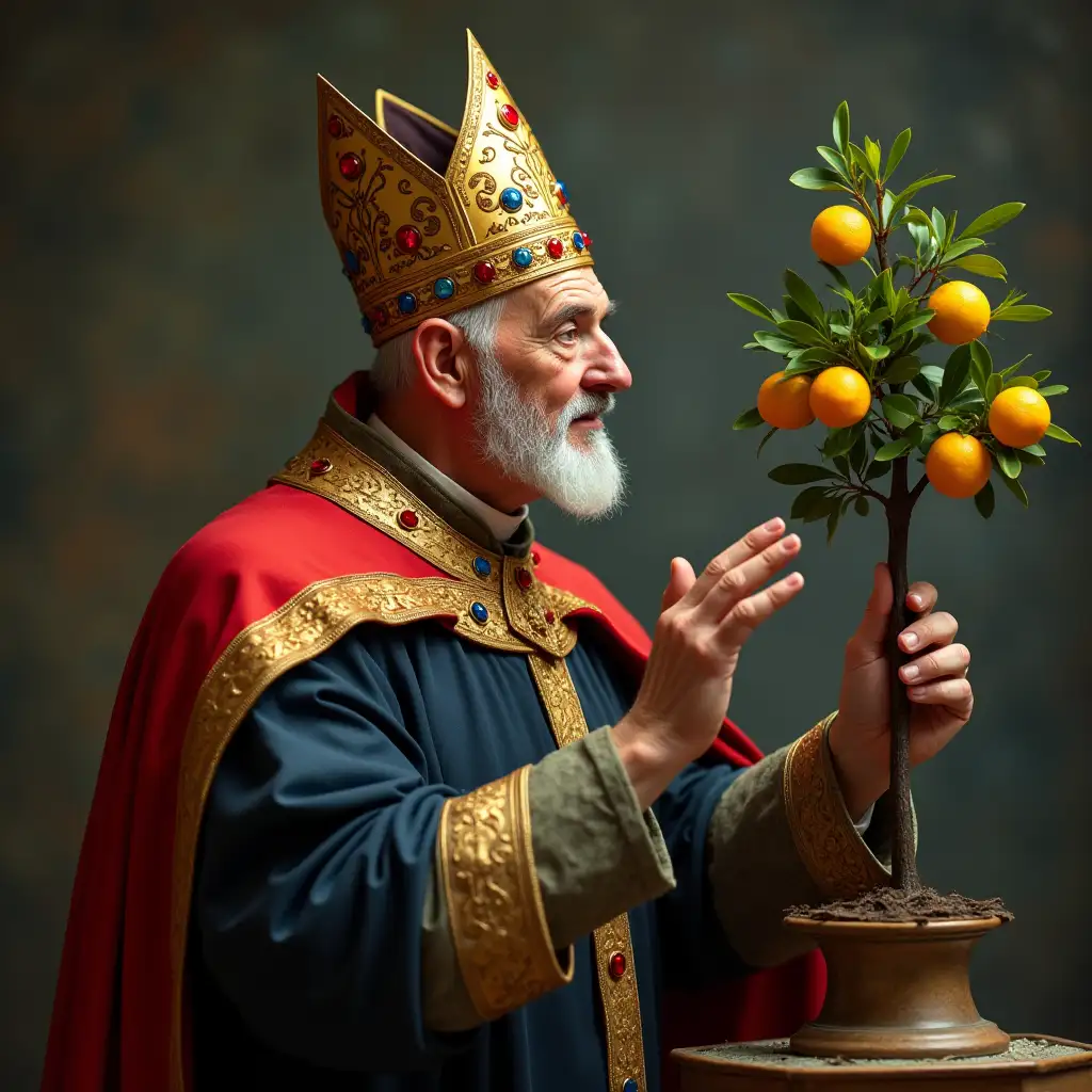 a pope standing around sixty years old, his right hand blesses a little lemon tree and a little orange tree in front of him, he wears a dark blue robe and a red cape with a golden border, his tiara is gold with precious stones of red and blue, he looks to the right