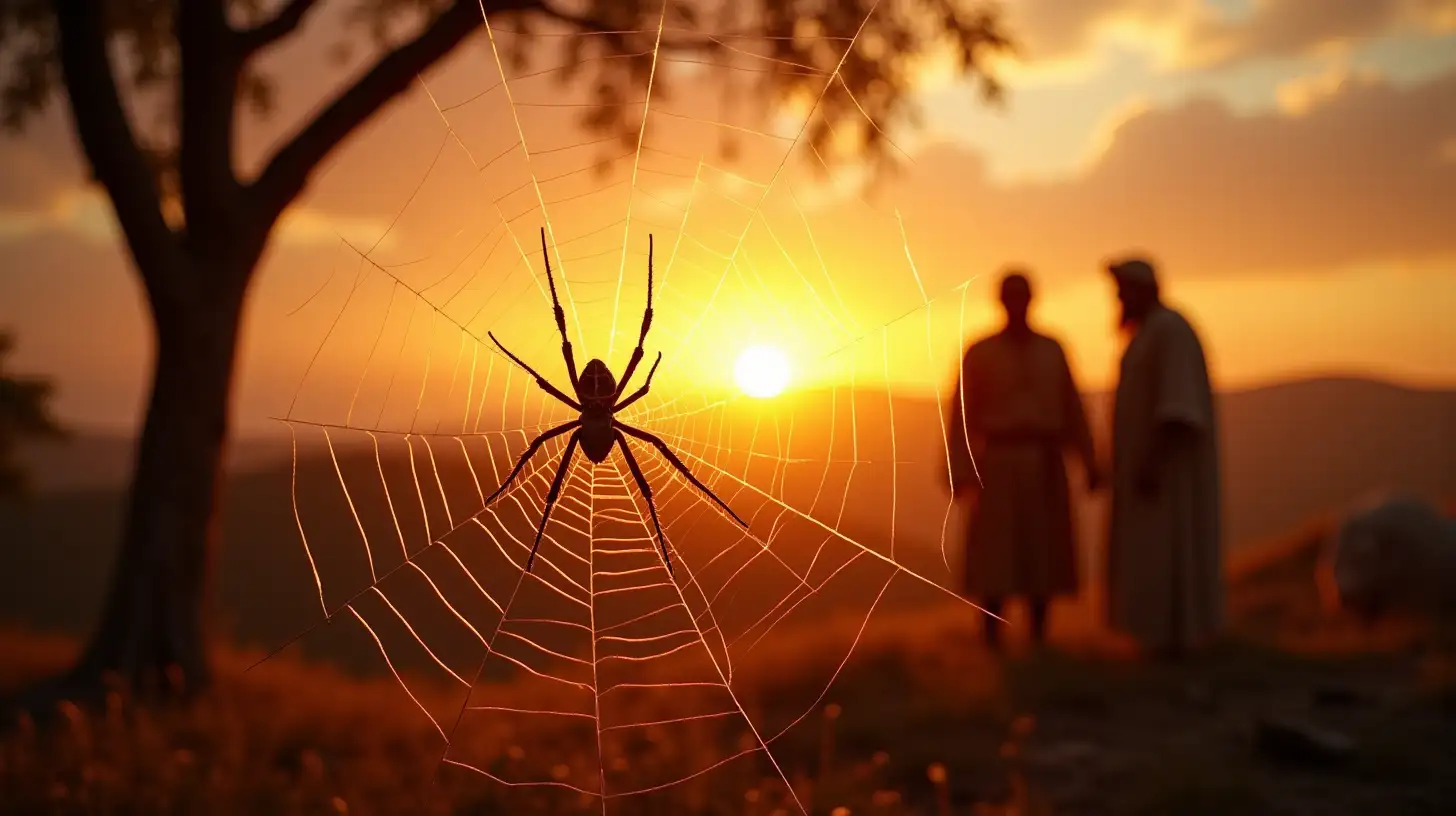 Silhouettes of Men Talking Near Evening Sunlit Spiders Web