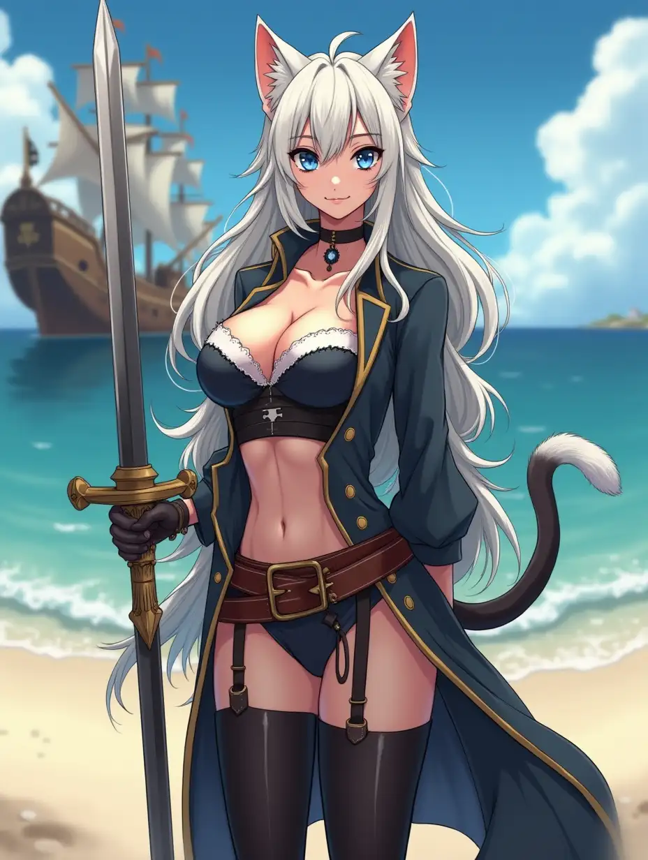 A mature adult tall feline/woman dressed as a pirate with a sword on a beach. A pirate ship in the background. Her 30-something years are disguised by her youthful facial features, except for her subtle wrinkles around the eyes, extremely slender body. Her ample bosom strains against her clothing, threatening to burst free from the fabric, extreme cleavage. Midriff. Wearing black thigh high pirate boots. She has piercing blue cat eyes. A choker adorns her neck, a subtle hint at her feline nature. Her long, white hair cascades down her back like a wild waterfall, tangled and disheveled. Her cat-like teeth glint in the light, as her white fur-lined ears punctuate her visage with sparkling black and gold earring adorns each ear, adding a touch of elegance to her feline features. Cat whiskers on her face. The attached tail at the base of her spine stirs lazily. Long fingernails. Full body view. Anime.