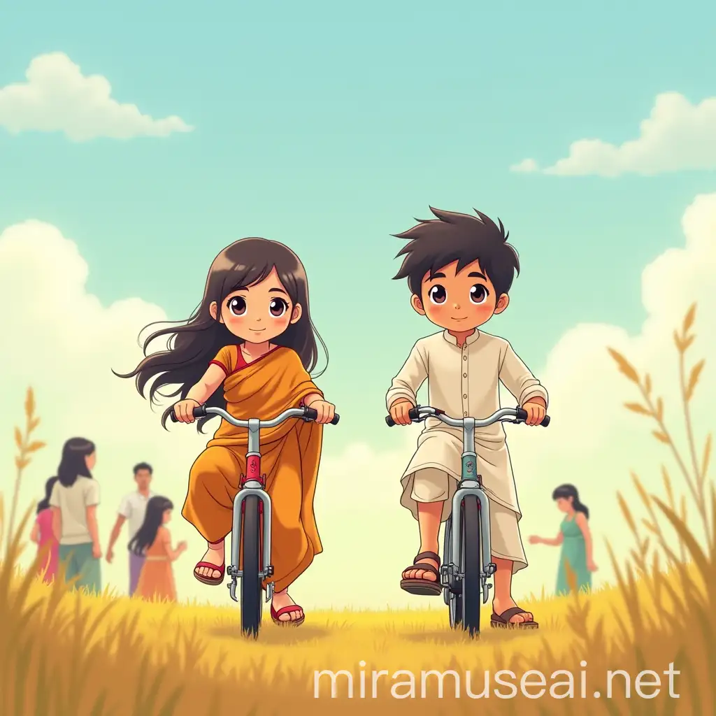 Young Couple Enjoying a Bicycle Ride in a Sunlit Field