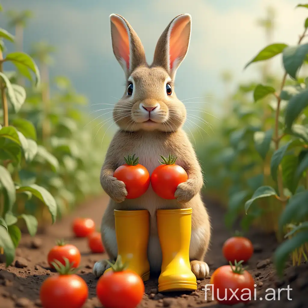 a rabbit in yellow rubber boots, gathering tomatoes