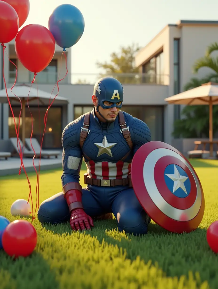 A highly detailed 4K ultra-realistic 3D-rendered image of Captain America kneeling on a lush green lawn, surrounded by colorful balloons. He is wearing his iconic blue suit with a white star on his chest, red and white stripes, and a blue helmet with an 'A' symbol. His mask is partially removed, revealing his face with a focused expression as he carefully ties red strings around the balloons. His red gloves are holding the strings firmly, and his shield rests on the grass beside him. The background features a luxurious modern house with large windows, sun umbrellas, and a relaxing patio area. The sky is bright and warm with soft sunlight casting natural shadows, creating a visually immersive and cinematic atmosphere.