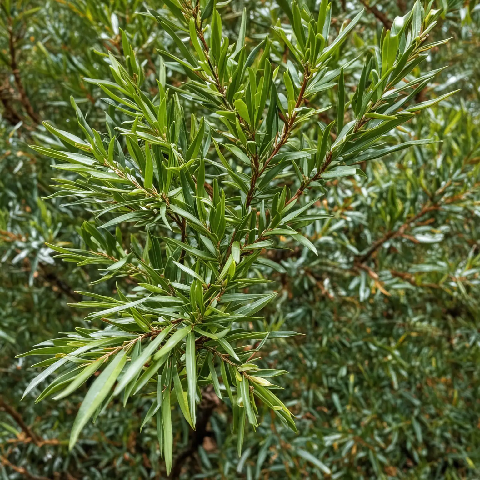 CloseUp View of Tea Tree Plant Leaves with Dew Drops