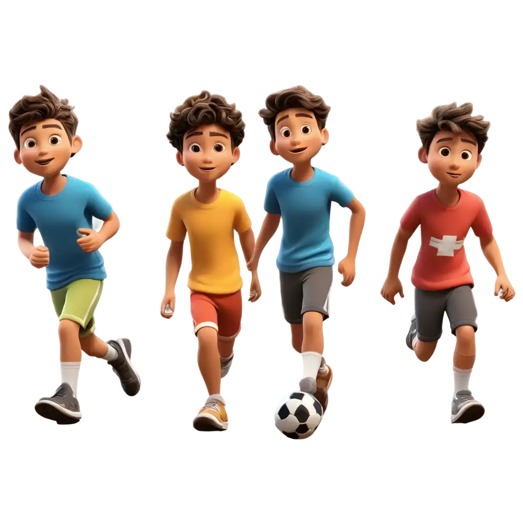 Make a 3D cartoon of three boys playing football, one boy in front of them wants to kick the ball with his foot, and two other boys follow behind him to catch the ball, the color of the front boy's clothes It should be different from the previous two boys, and the color of the clothes of the last two boys should be the same, and all three should be wearing sports clothes, socks, and sports shoes.