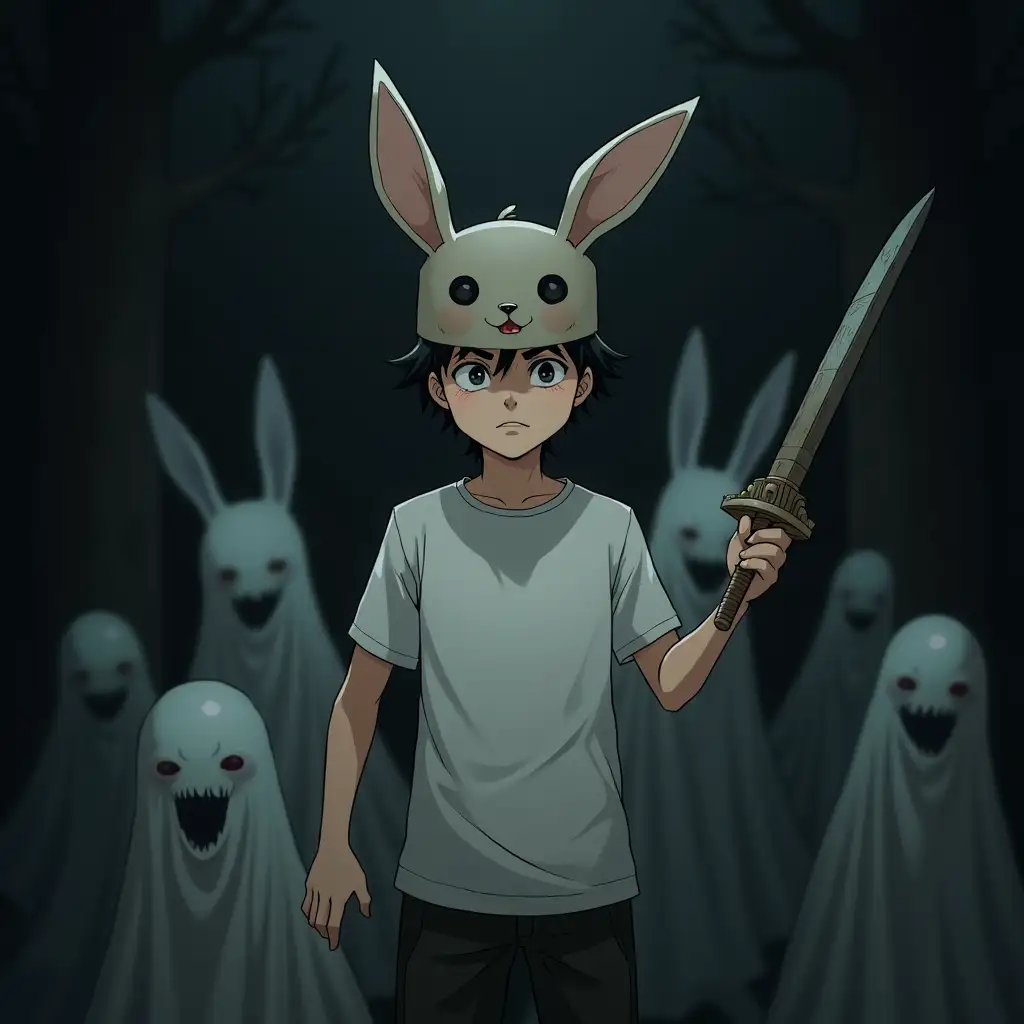 A boy in white t-shirt. He is wearing a mask of a rabbit. He has a wooden sword in his hand. He is surrounded by ghostly figures, ready to fight. The whole picture is dark and creepy. Anime style.