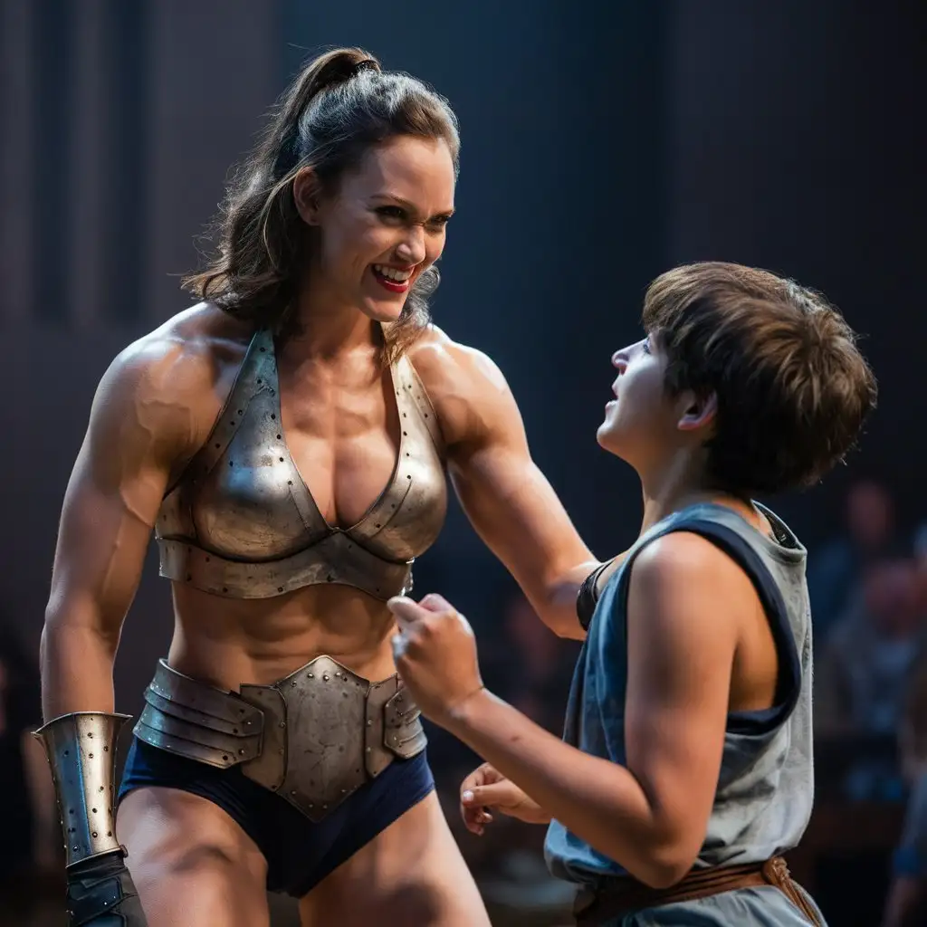 Cinematic-Gladiator-Battle-Between-Enchanting-Warrior-Woman-and-Mesmerized-Teenager