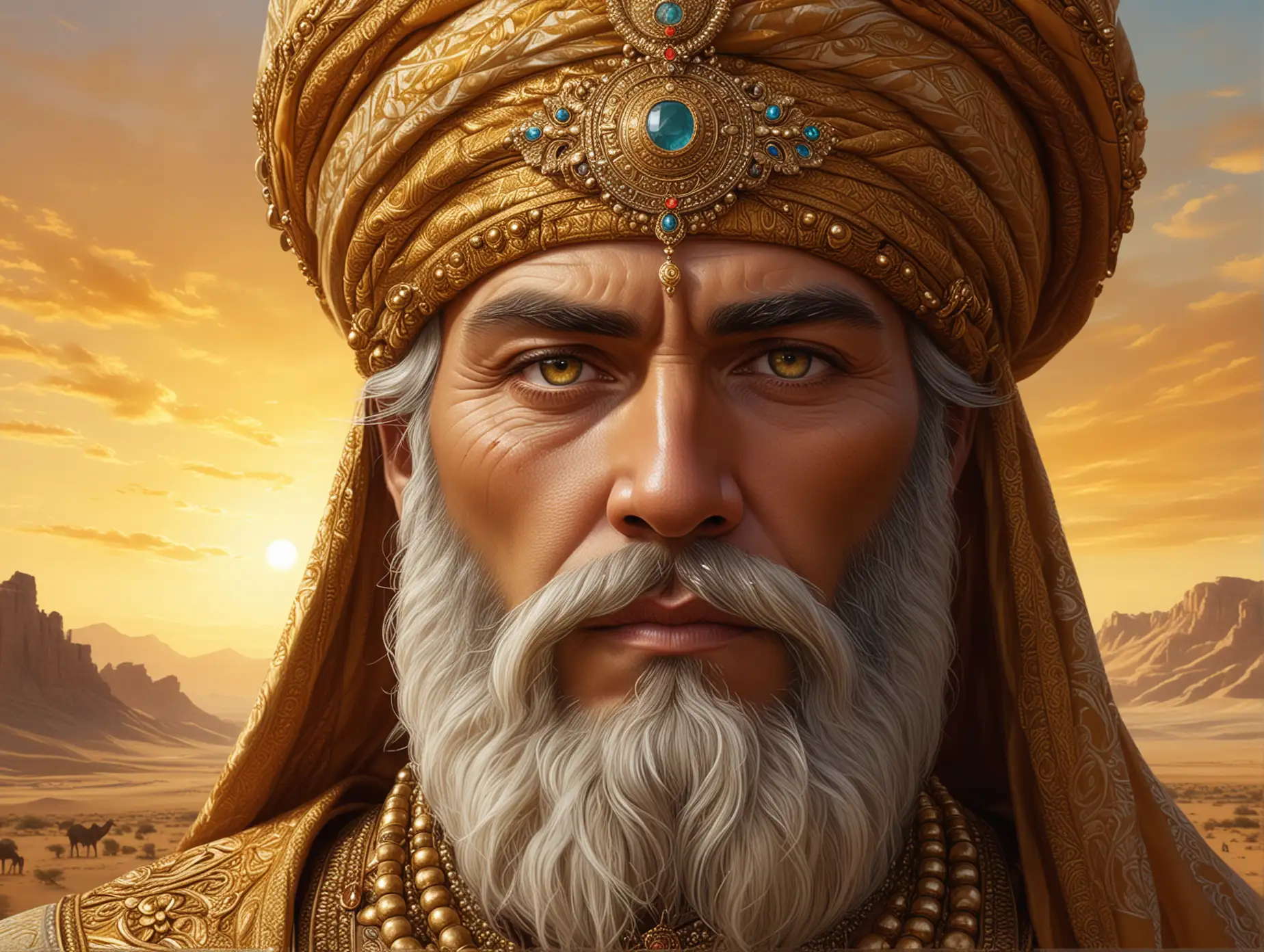 Powerful-Ancient-Ruler-with-Intense-Eyes-and-Ornate-Turban-in-Desert-Landscape