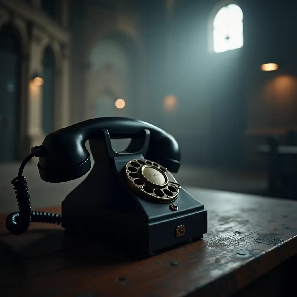 a vintage black rotary phone is on the table, in a mysterious atmosphere, with a blurry and dreamy background, in a large space