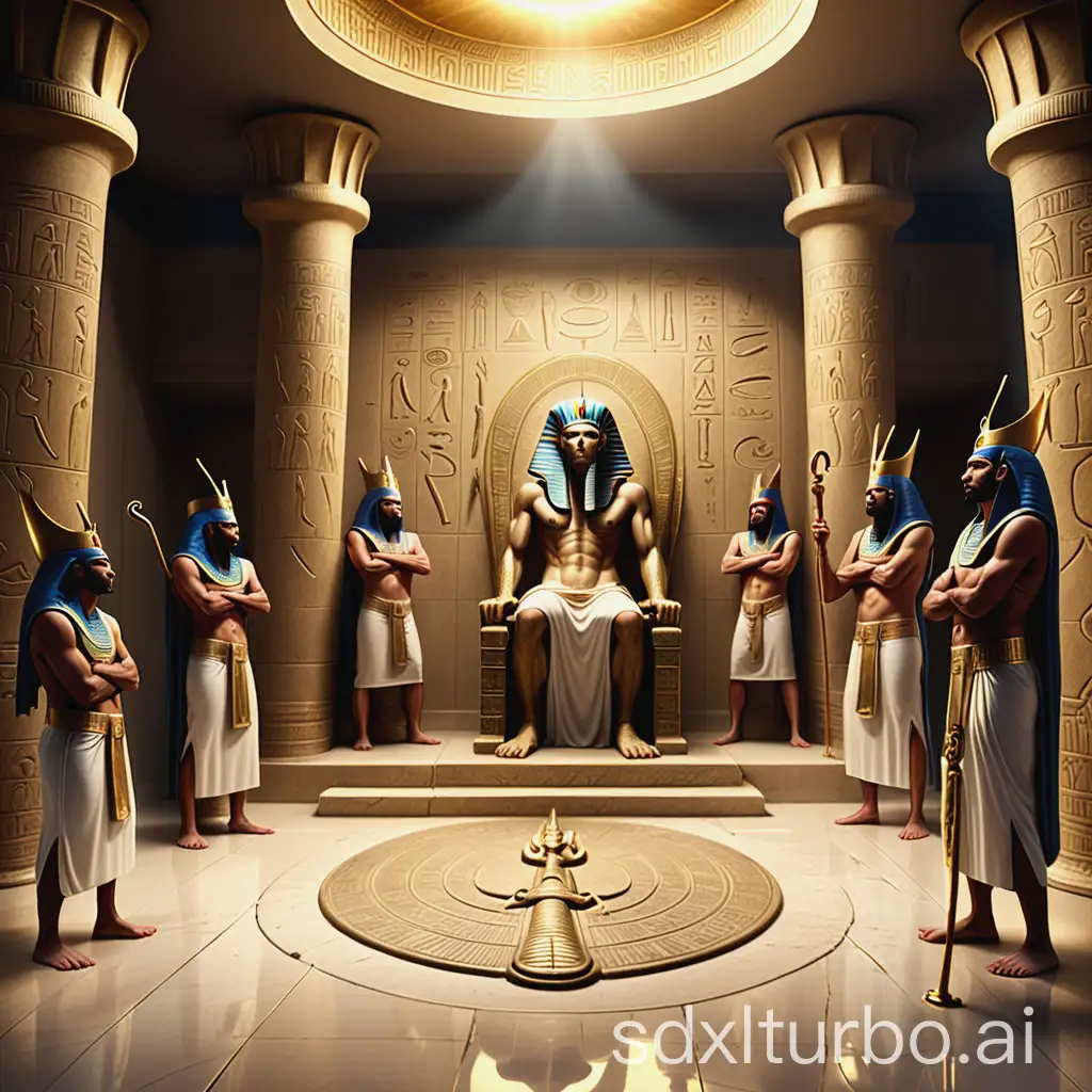 An ancient Egyptian throne room filled with royal guards, ministers, and torch-lit golden pillars carved with hieroglyphs. At the center of the scene, Prophet Musa (Moses) stands with a composed, radiant expression. His arm is extended as he has just thrown his wooden staff onto the polished marble floor — now transformed into a massive, lifelike serpent. The serpent slithers with power and intensity near Pharaoh’s throne. Its scales shimmer with divine light, and its mouth is open, fangs bared, tongue flicking, radiating awe and fear. Pharaoh, seated on an ornate golden throne in the background, leans forward in shock. The courtiers and magicians react with panic and amazement. Prophet Harun (Aaron) stands calmly beside Musa. The lighting is cinematic, with glowing torches casting shadows and divine light illuminating the serpent. Ultra-realistic, 4K detail, epic and historical style.