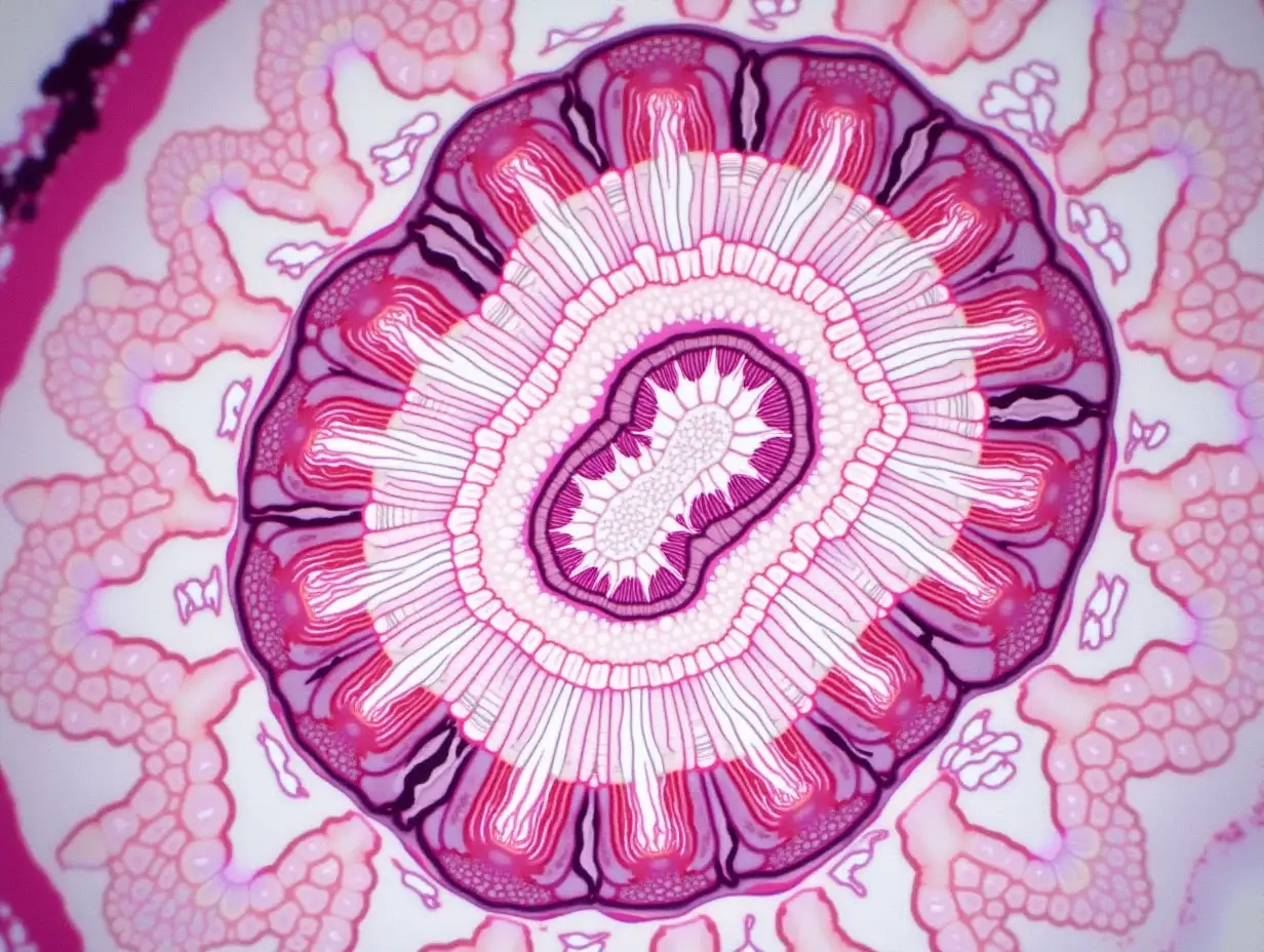 small intestine cross section under the microscope - optical microscope x100 magnification