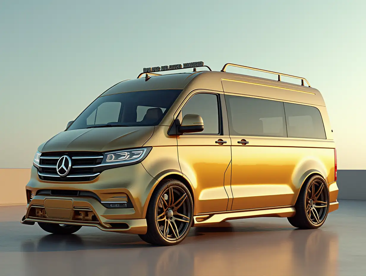 Create a minibus with winglets, lowered, aluminum wheels, mother of pearl color and gold body Cyberpunk