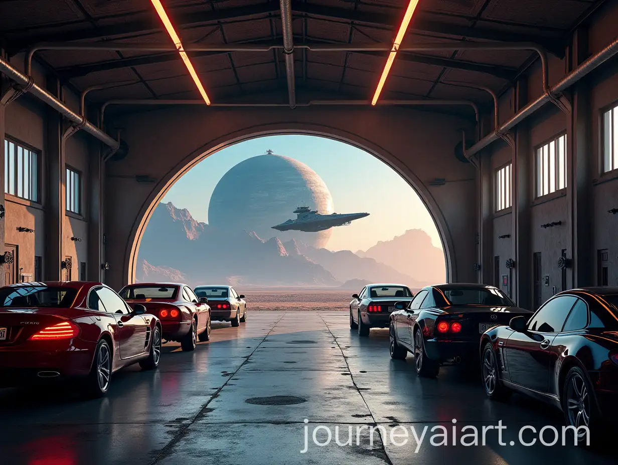 Small-Car-Repair-Garage-with-Star-Wars-Spaceship-and-Planet-in-Background