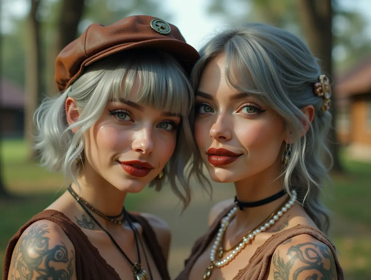 Two white, rounded Pin-up-Girls rusty and silver hair, wear a deep cut blouse in rusty and dirty , a light smile on their faces, tattoos, with Glittering Retro Steampunk Mini cylinder hat Black lipstick highlights their smiles, modern jewelry, and much more a pearl necklace in hand, in a park with many houses in India Cyberpunk 8k quality