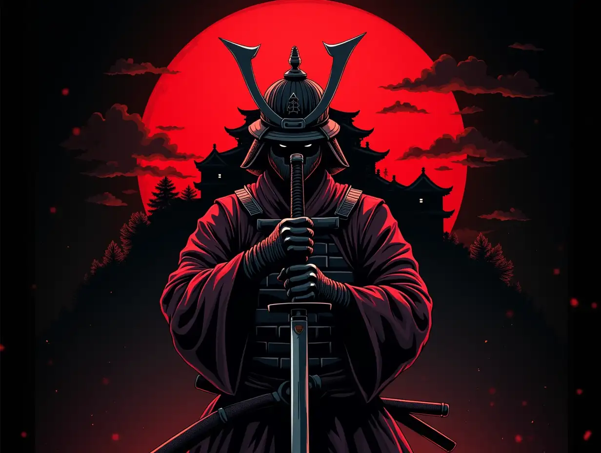 with expressive anime style front view, visualize a proud samurai man guarding the majestic Japanese castle, holding katana, symbol of loyalty and bravery, rendered with gradient detailed vector art style. for t-shirt design i want plain black background. with vector style. with red vector deign and plain black blackguard with some related Japanese font.