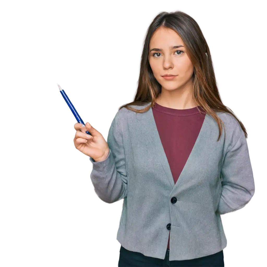 Beautiful-Girl-with-Short-Hair-Holding-Pen-in-Thinking-Mode-PNG-Image-for-Creative-and-Professional-Use