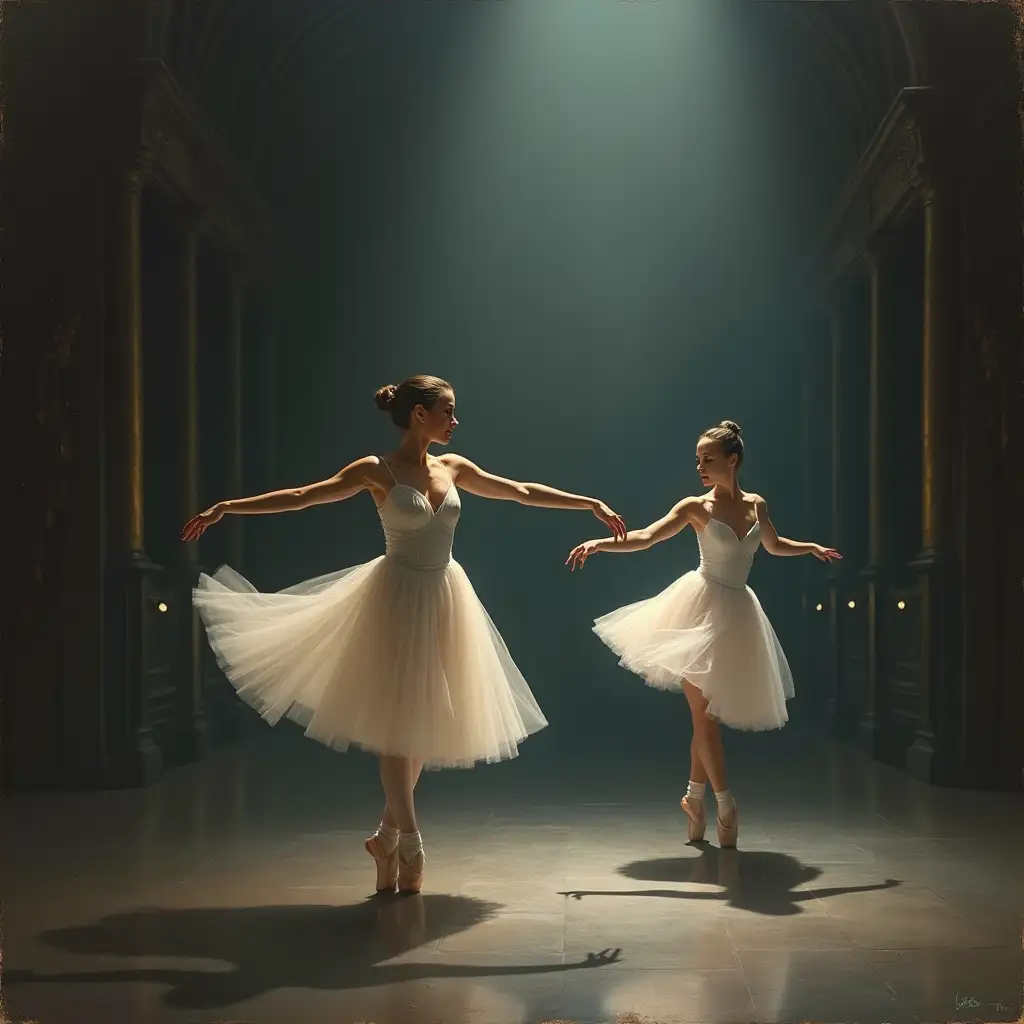 A serene, realistic painting of ballet dancers in a dimly lit, classical theater. The dancers are gracefully poised mid-performance, their elegant movements frozen in time. The soft, muted colors of their flowing costumes contrast with the shadowy background, creating a mysterious, dreamlike atmosphere. The scene should evoke a sense of calm and intrigue, as if the dancers are part of a forgotten, magical performance. The lighting is subtle, casting gentle highlights on their faces and the delicate fabric of their attire. The overall composition should feel peaceful, yet slightly enigmatic, perfect for a living room that values both creativity and tranquility.