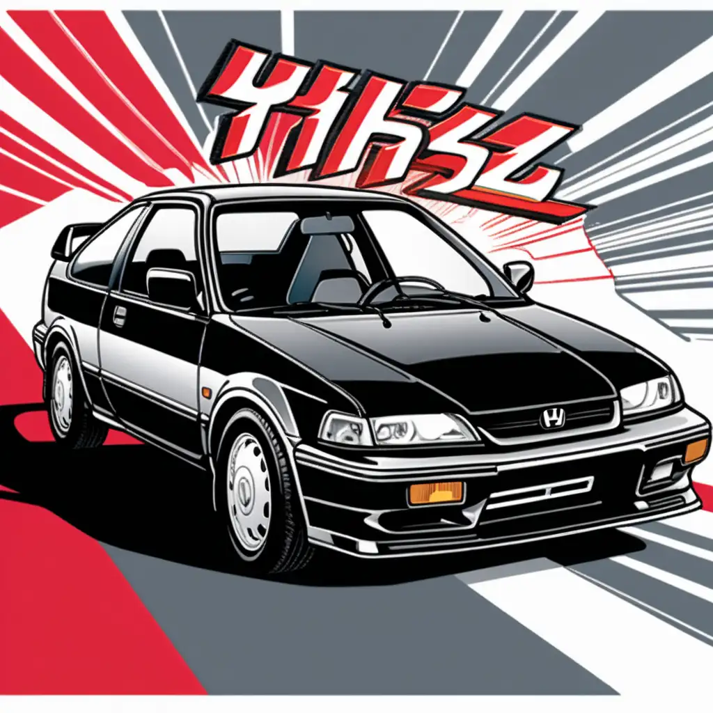  black t shirt with 1992 honda civic hatchback image with red and grey 45 degree angle stripes in the background comic book style
