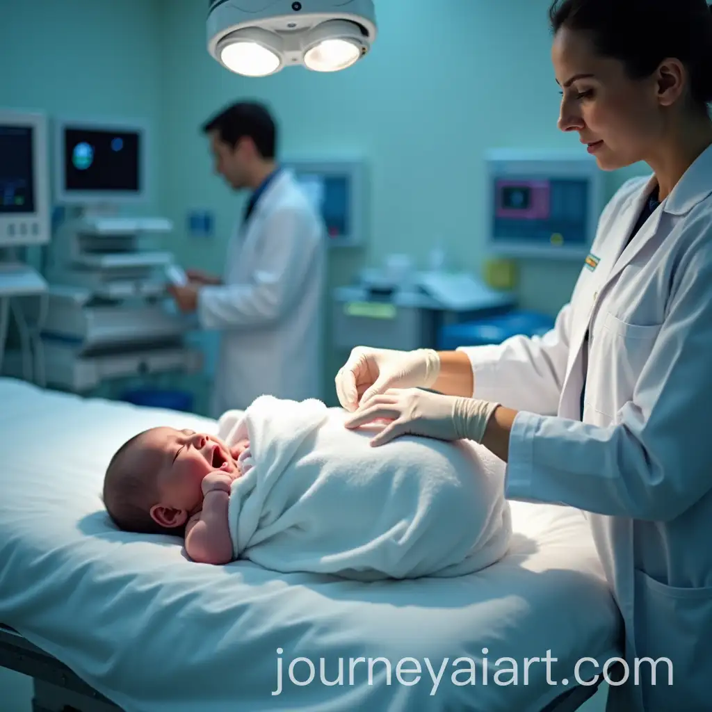 Baby-Crying-on-Hospital-Exam-Table-with-Doctors-Checking-Vitals-in-Clinical-Setting