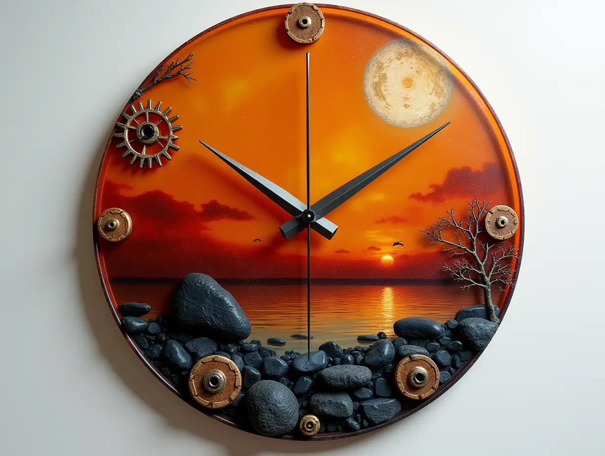 Resinharz wall clock with wood,Stones  Water with gears,orange black,red goldened