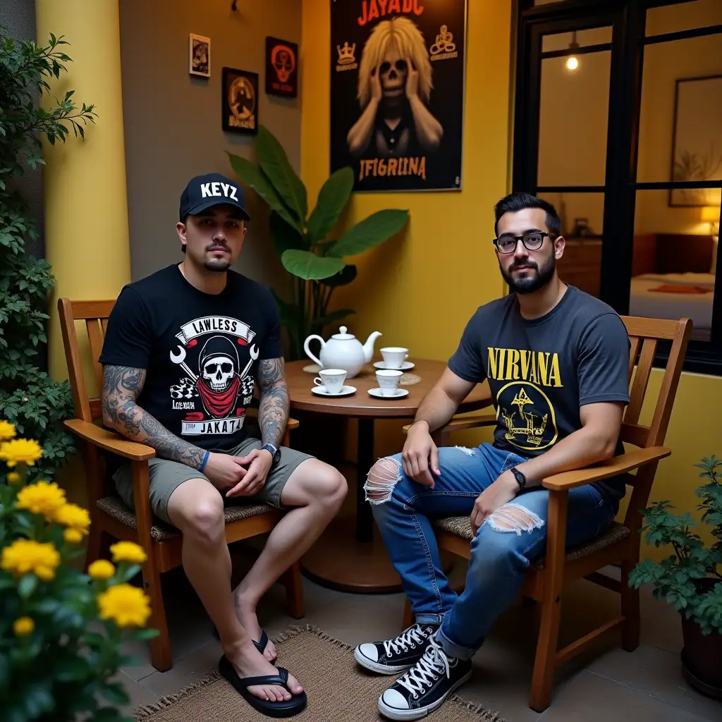 The image shows two man sitting on a wooden chair in a small courtyard. He is wearing a black snapback with white blocky text 'KEYZ' has numerous tattoos on his left arms and a wearing a black t-shirt with a graphic design on the front. The design features a skull wearing a black helmet with a red bandana covering its mouth. The skull is surrounded by two crossed wrenches and a checkered flag. Above the skull, there is a banner with the words 'Lawless' and 'JAKARTA' written in white. The overall design is bold and edgy, camo cargo shorts, flip flop and the other man has medium hair wear dark grey Nirvana band t-shirt wearing reading glasses, blue ripped jeans, black converse shoes and is holding a cup of tea in his hand. There is a small wooden table in front of him with a teapot, cups, and saucers on it. There are two wooden chairs on either side of the table. The courtyard is decorated with yellow flowers ,plants and rock band posters, featuring artists such as AC/DC, Queen, Metallica and Nirvana, and there is a large window on the right side with a view of a bedroom with a bed and a dresser. The walls are painted in a warm yellow color, and the floor is covered with a patterned rug. The overall atmosphere of the courtyard is dimly lit cozy and inviting. Both gazing looking at the camera