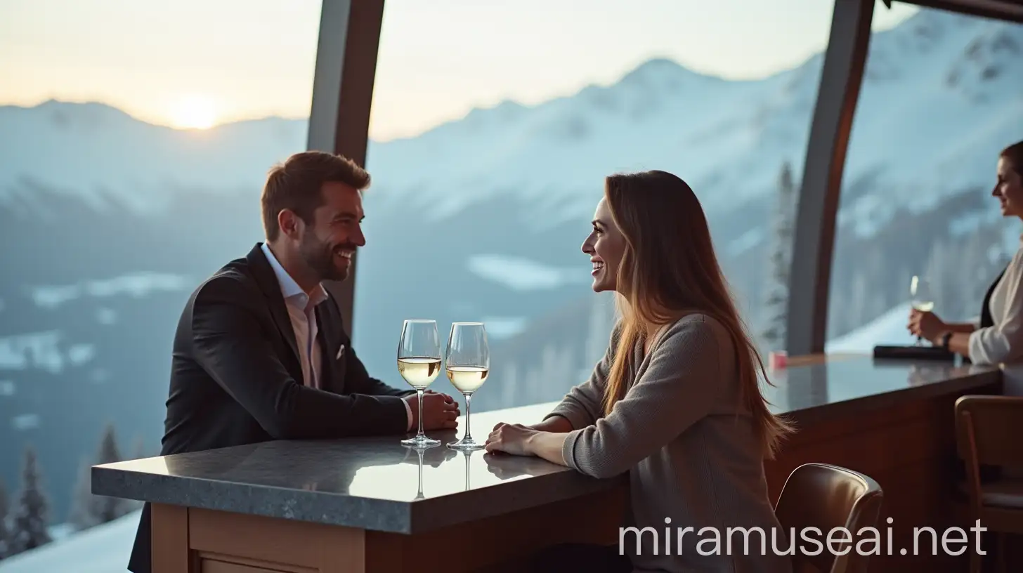 Couple Enjoying White Wine at a Mountaintop Bar